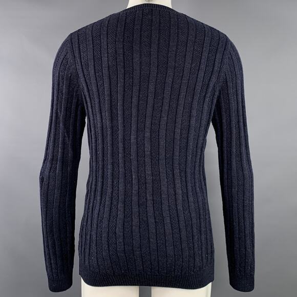 LENOR ROMANO Size M Navy Cable Knit Merino Wool V-Neck Pullover - Picture 3 of 6